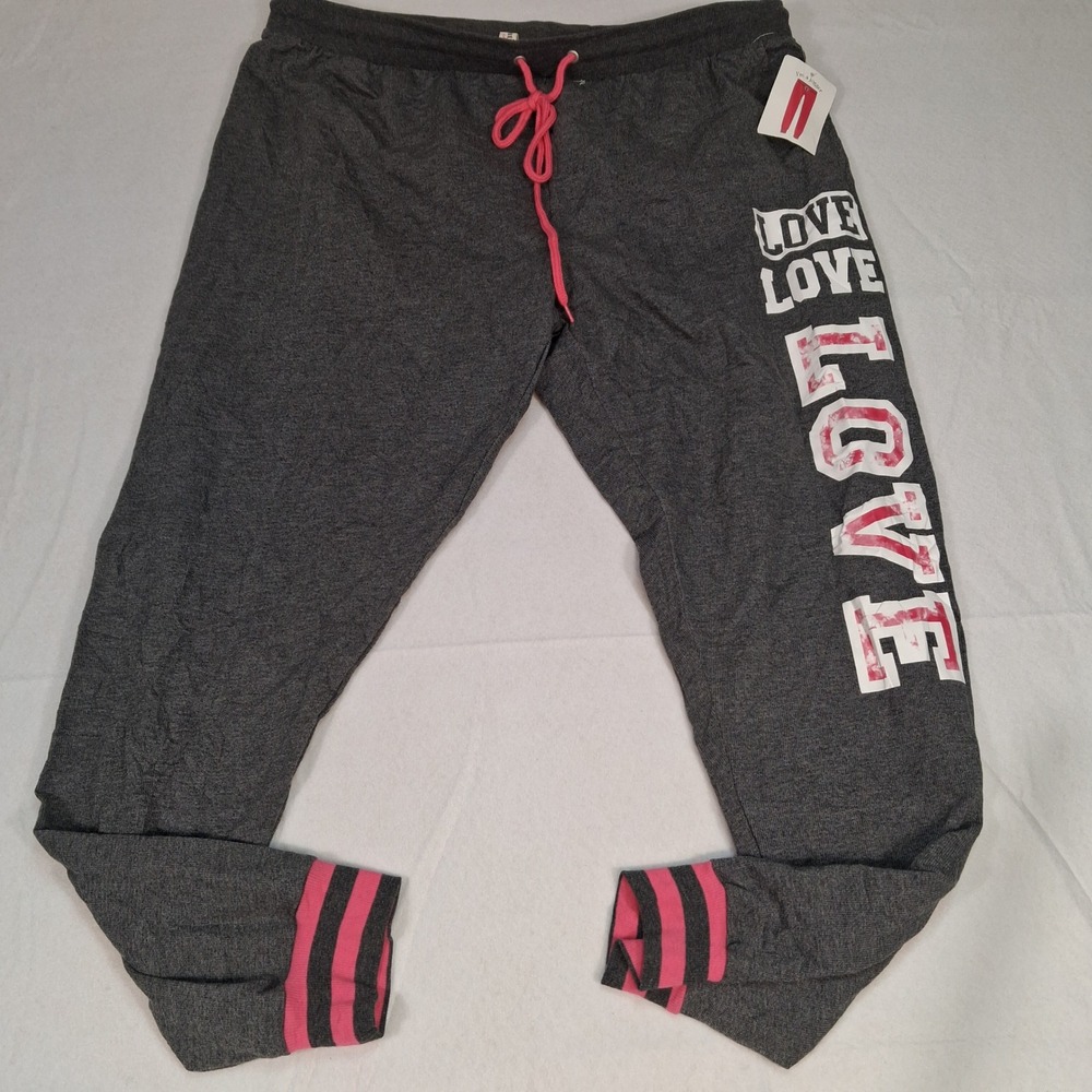 Boutique Plus Jogger Women 3X Gray Love Graphic Pink Stripe Cuffs New
